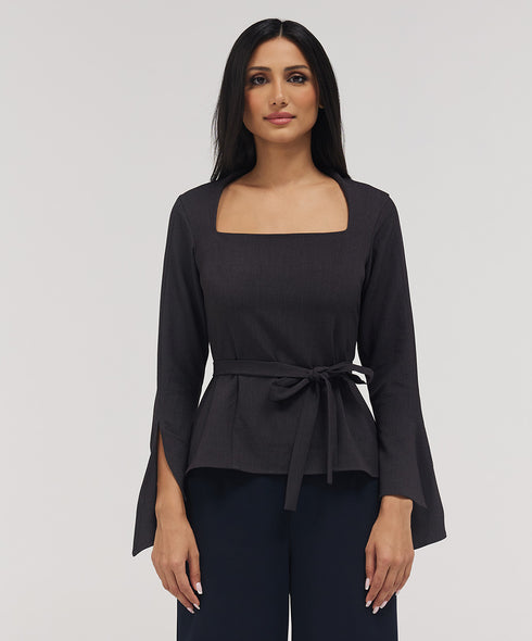 Split Sleeve Square Neck Top -Grey